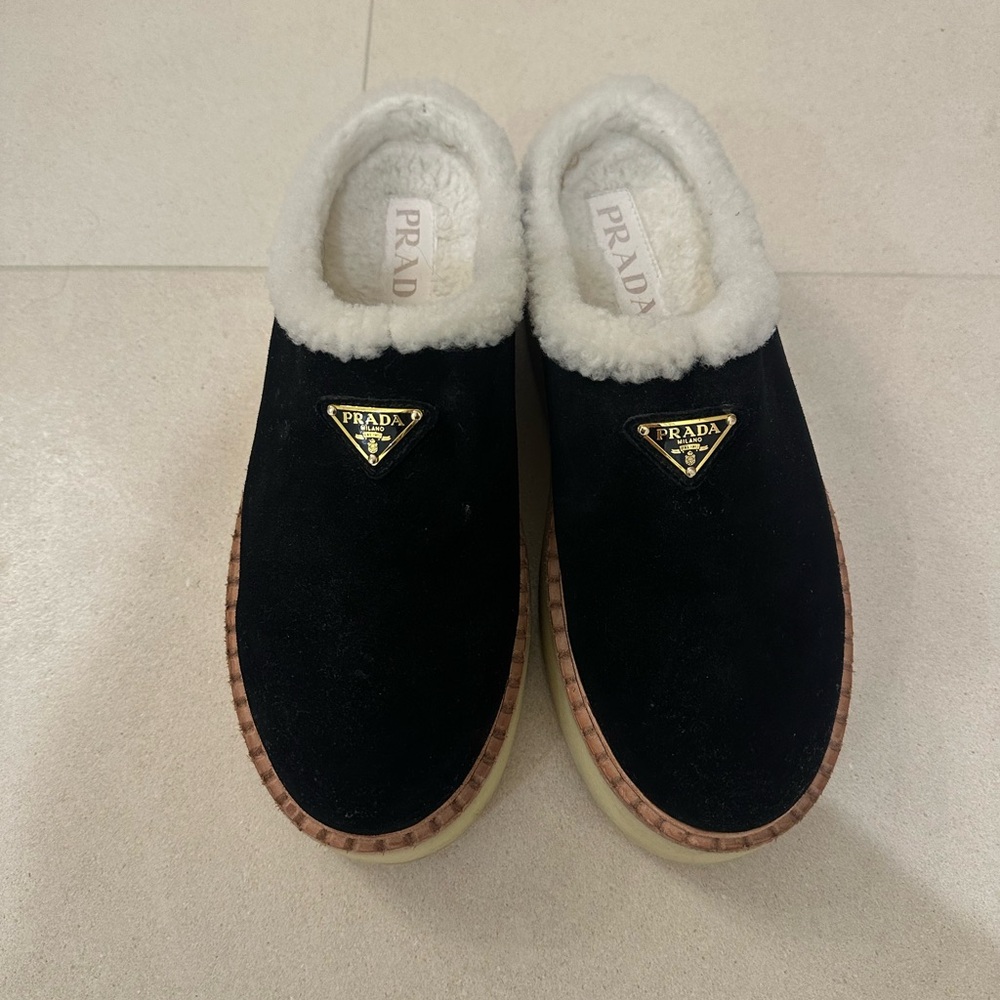 Prada Black and Cream Shearling Mules
